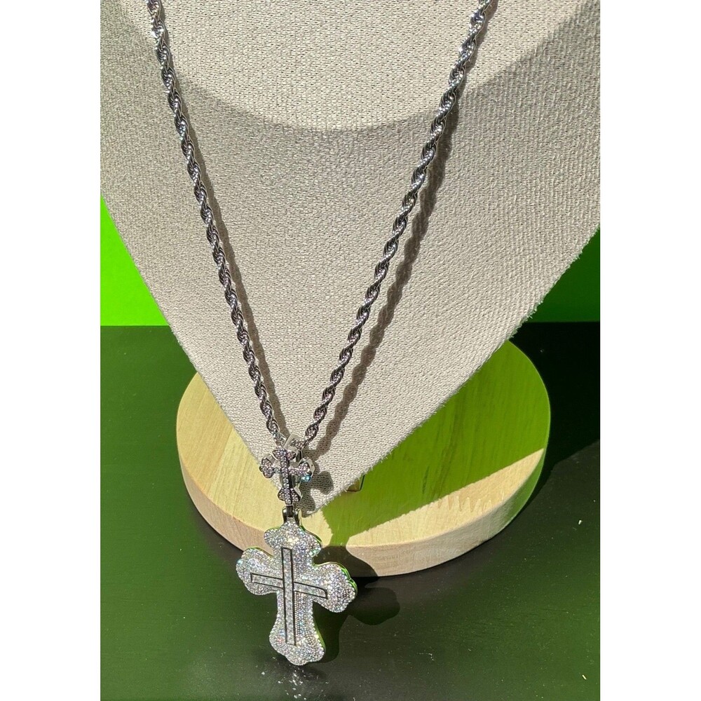 New Men Women White Gold Tone Cross CZ Chain Necklace Hip Hop Rap Fire Bling